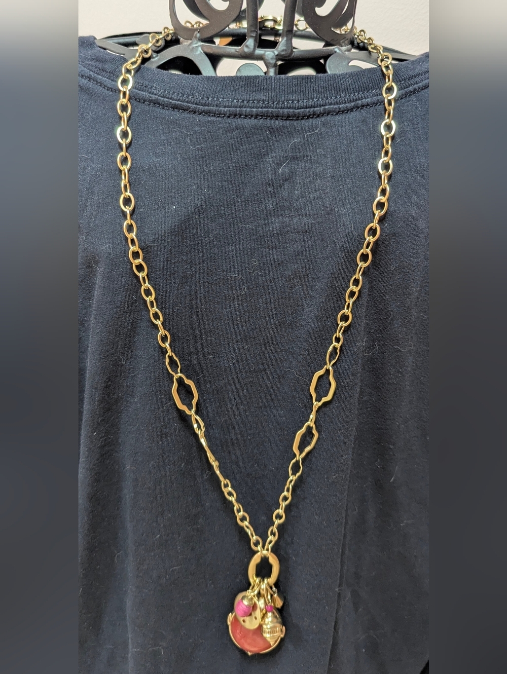 Chicos Bohemian Preppy Chunky Pink Cabochon Charm Statement Necklace - Gold Tone
